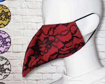 Plague Doctor Face Mask with Elastic Straps - Red Black Lace - Shorter Beak - Non-Surgical - Cotton Mask - Two Layers