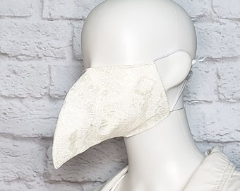 Plague Doctor Face Mask with Elastic Straps - Ivory Cream Lace - Shorter Beak - Non-Surgical - Cotton Mask - Two Layers