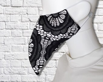 Plague Doctor Face Mask with Elastic Straps - Black Lace on White - Non-Surgical - Cotton Mask - Two Layers