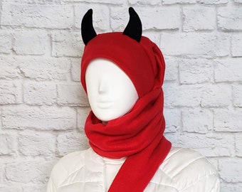 Red Devil Hat / Horned Hat / Long Stocking Cap / Hat Scarf /Beanie scarf