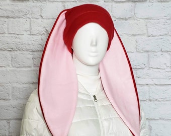 Bonnet avec oreilles de lapin souples - Rouge et rose