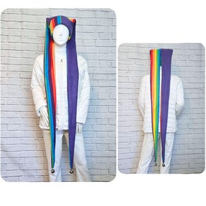 Peut inclure: Un long bonnet de bouffon pointu présentant un motif rayé arc-en-ciel vibrant sur un côté et un tissu violet uni sur l'autre. Le bonnet possède deux longues queues pendantes qui descendent devant et derrière, chacune terminée par une clochette argentée.
