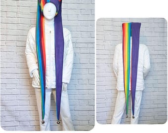 Rainbow Jester Harlequin Hat (fleece) - Extra Long - Silver Bells - Custom Colors