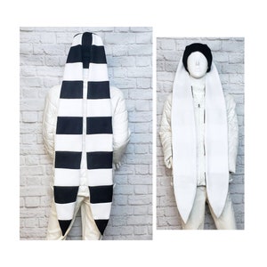 Extra Long Bunny Ears Hat Scarf - Black White Striped Ears