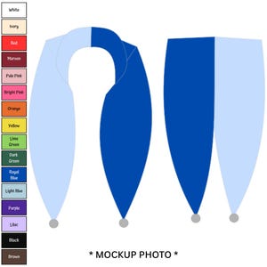 Pode incluir: Um cachecol de dois tons com um design dividido em azul royal e azul claro. O cachecol tem pontas afiadas, cada uma finalizada com um pequeno detalhe circular. Uma paleta de cores é exibida à esquerda e o texto MOCKUP PHOTO está na parte inferior.