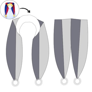May include: A diagram of a jester's hat and collar. The hat is tri-colored with red, blue, and yellow sections, and yellow pom-poms. The collar is gray and white, with a starburst design at the bottom.