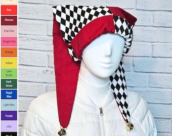 Jester Harlequin Hat (cotton) - Black and White Diamond Custom Colors - Bells