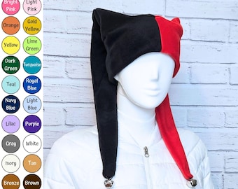 Gorro de bufón arlequín (polar) - Mitades lisas - Colores personalizados - Cascabeles