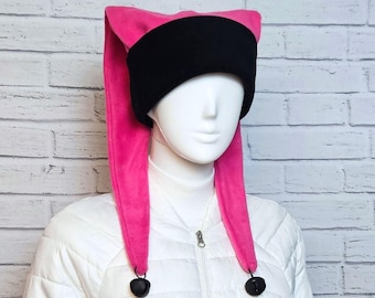 Hot Pink Black Jester Harlequin Hat (fleece) - Christmas Elf Hat