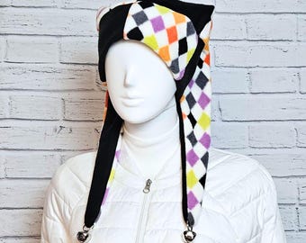Jester Harlequin Hat (fleece) - Black Colorful Diamond - Bells