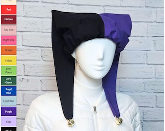 Jester Harlequin Hat (cotton) - Solid Halves Custom Colors - Bells