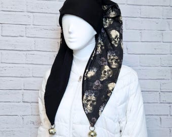 Jester Harlequin Hat (knit) - Floppy - Skulls and Roses - Bells