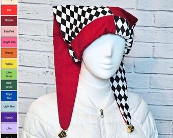 Jester Harlequin Hat (cotton) - Black and White Diamond Custom Colors - Bells
