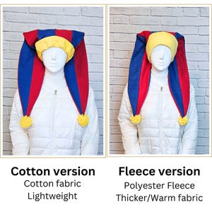 May include: Two jester hats on mannequins. One is cotton, the other fleece. Both have a yellow cap, red and blue pointed panels, and yellow pom-poms. The text below reads "Cotton version" and "Fleece version" with fabric details.