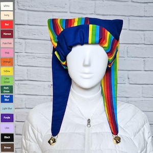 Jester harlekijnhoed (katoen) - regenboog en aangepaste kleur - gouden belletjes