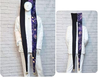 Jester Harlequin Hat (fleece) - Extra Long - Black Purple Celestial
