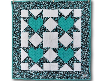 Teal, White Girl Baby Quilt // Heart in Star Design // Crib Quilt // Nursery Décor // Handmade // Washable // 40x40 inches