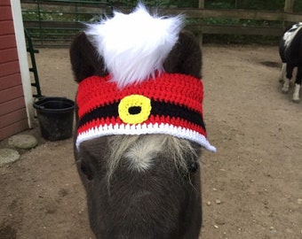 May include: A brown and black pony wearing a red, white, and black crocheted Santa hat with a yellow buckle.