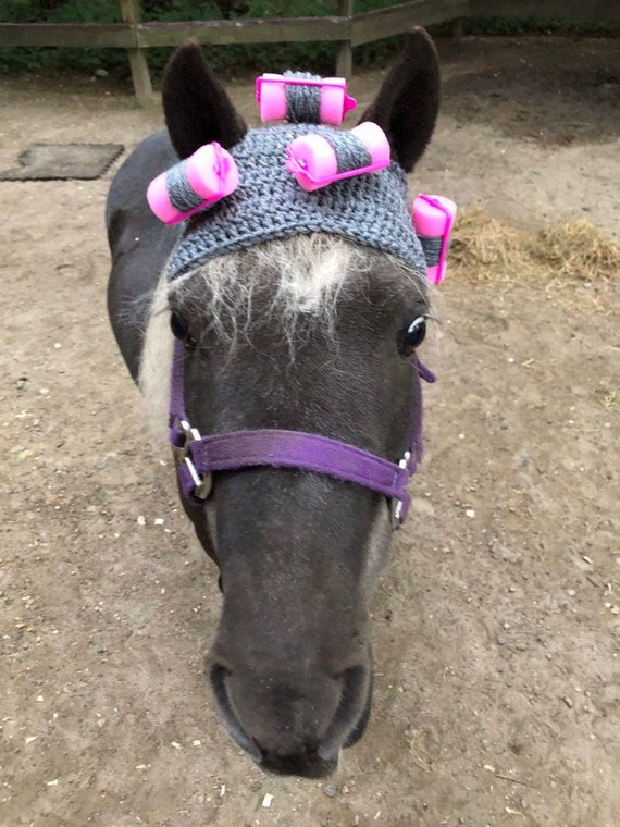 Capot à Mouches Cheval Fait Main - Gris Avec Garniture Rose - Taille Moyenne Plein