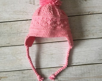 Girl Ear Flap Hat - Pink Kids Hat - PomPom Hat - Toddler and Childrens Crochet Hat - Photography Prop - Girls Winter Hat