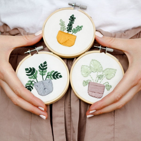 Plants Embroidery Kit For Beginner, Mini Kit embroidery Set of 3