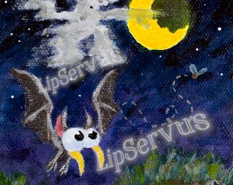 5x5" Cute Goth Bat Art Print - "Silver Wings"