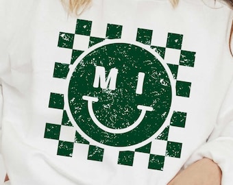 Michigan Checkered Smile Distressed & Solid SVG + PNG Files - Football, Saturday Morning, Retro, Football Season, Touchdown, Sublimation