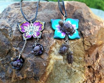 Set of two necklaces turtles and butterflies made of polymer clay.