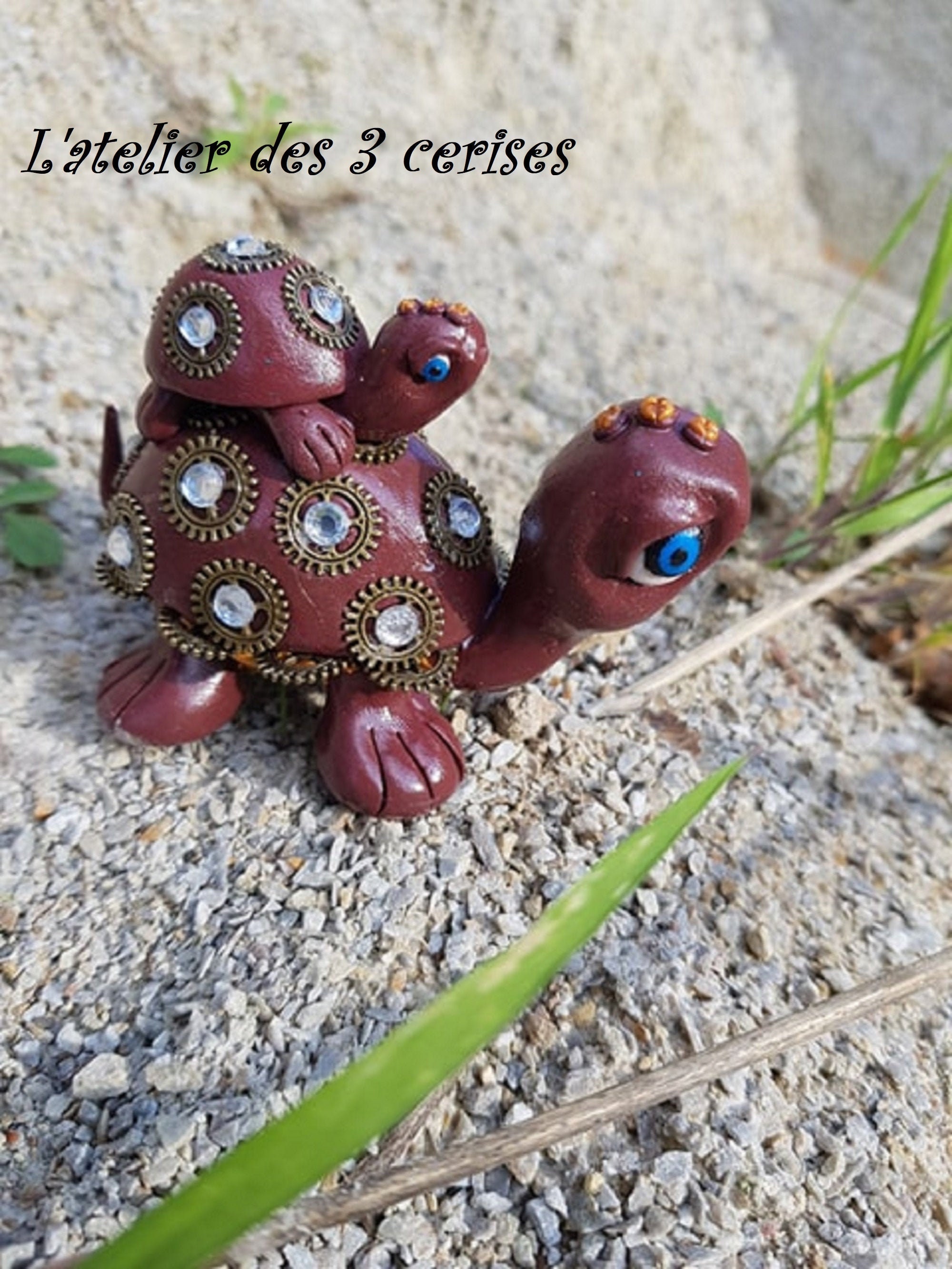 Décoration Tortue Maman et Son Bébé Réalisée en Fimo Steampunk#