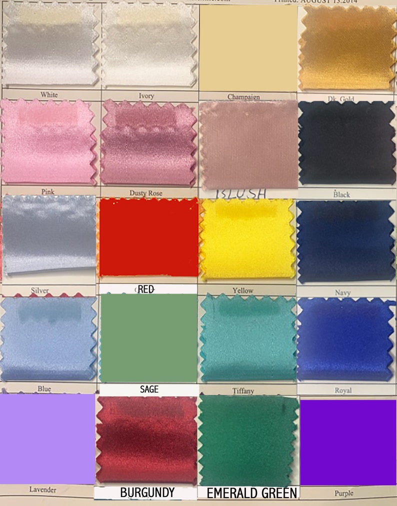 May include: A colour chart of fabric swatches in various colours, including white, ivory, champagne, pink, dusty rose, red, yellow, blue, sage, tiffany, lavender, burgundy, emerald green, and purple.
