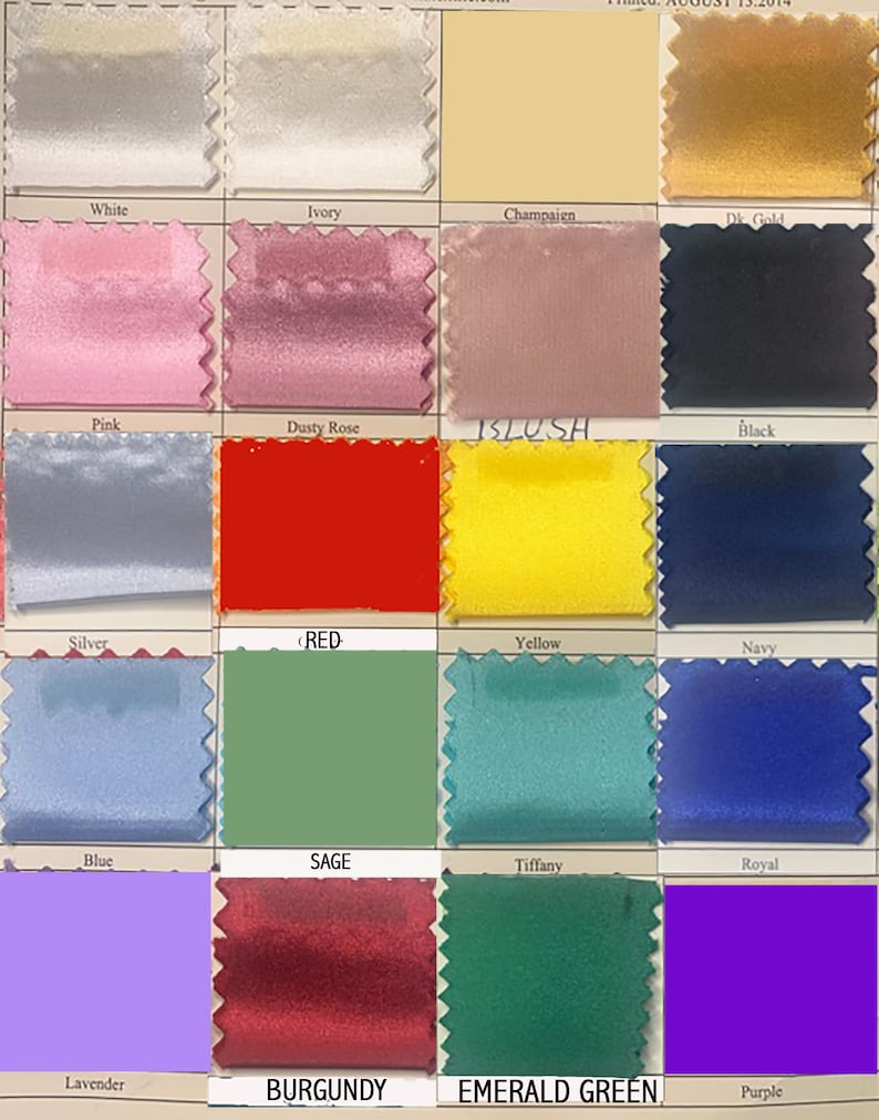 Puede incluir: Una carta de colores de muestras de tela con nombres para cada color, incluyendo blanco, marfil, champ&aacute;n, oro oscuro, rosa, rosa polvoriento, rubor, negro, plata, rojo, amarillo, azul marino, azul, salvia, tiffany, azul real, lavanda, burdeos, verde esmeralda y morado.