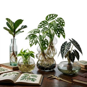 May include: Four clear glass vessels containing various green houseplants growing in water. The collection includes a tall bottle, a round bowl, a stacked bubble vase, and a wide shallow bowl, all displaying visible roots and dark stones.
