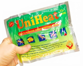 May include: A rectangular UniHeat multi-purpose jumbo shipping warmer in a green plastic pouch. The packaging features the text UniHeat, 72+ HOURS, and illustrations of insects, a fish, a lizard, a flower, and laboratory glassware.