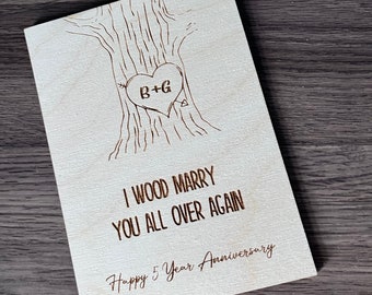 Custom 5 Year Anniversary Card | Traditional Wooden Soul Mates Gift | I Wood Marry You All Over Again | Wedding Anniversary Card