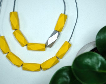 Handmade Mustard Yellow Geometric Polygon Wood/Wooden Bead/Beaded Necklace - Minimalist/Contrast/Chunky/Statement *8 Designs*