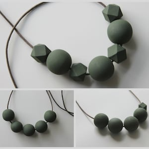 Handmade Dark Khaki Green Wood/Wooden Bead/Beaded Necklace - Minimalist/Geometric/Contrast/Chunky/Statement *3 Designs*