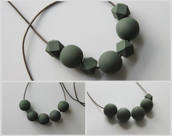 Handmade Dark Khaki Green Wood/Wooden Bead/Beaded Necklace - Minimalist/Geometric/Contrast/Chunky/Statement *3 Designs*