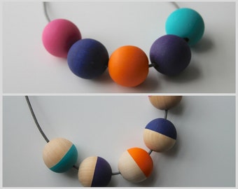 Handmade Multicoloured BRIGHTS Wood/Wooden Bead/Beaded Necklace - Minimalist/Contrast/Chunky/Statement *2 Designs*