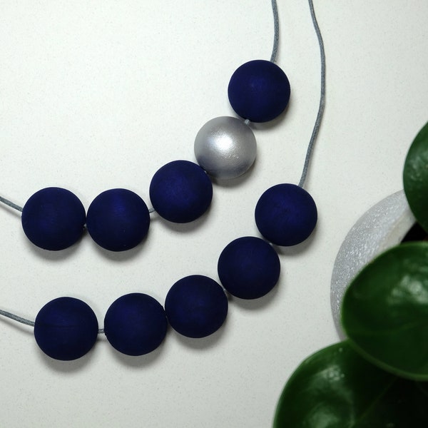 Handmade Navy/Dark Blue Round Wood/Wooden Bead/Beaded Necklace - Minimalist/Metallic/Contrast/Chunky/Statement *15 Designs*