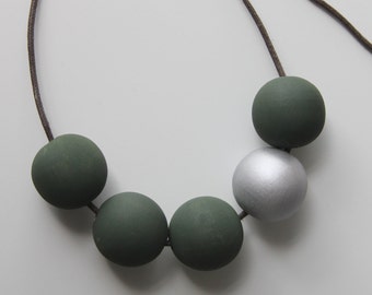 Handmade Dark Khaki Green & Silver Wood/Wooden Bead/Beaded Necklace - Minimalist/Geometric/Metallic/Contrast/Chunky/Statement *3 Designs*