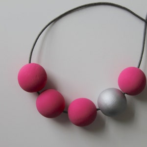 Handmade Bright Pink & Silver Wood/Wooden Bead/Beaded Necklace - Minimalist/Geometric/Metallic/Contrast/Chunky/Statement *3 Designs*