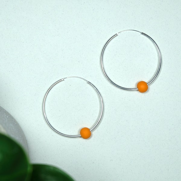 Handmade Bright Orange & Silver Hoop Earrings Large - Wood/Wooden Bead/Beaded - Minimalist/Metallic/Contrast - 8 Designs