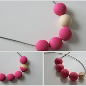 Handmade Bright Pink & Natural Wood/Wooden Bead/Beaded Necklace - Minimalist/Geometric/Contrast/Chunky/Statement *3 Designs*