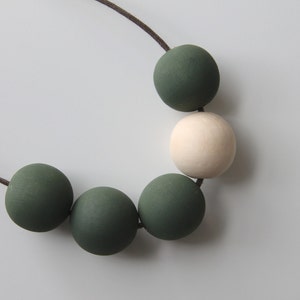 Handmade Dark Khaki Green & Natural Wood/Wooden Bead/Beaded Necklace - Minimalist/Geometric/Contrast/Chunky/Statement *2 Designs*