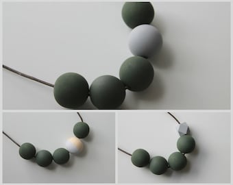 Handmade Dark Khaki Green & Grey Wood/Wooden Bead/Beaded Necklace - Minimalist/Geometric/Contrast/Chunky/Statement *3 Designs*