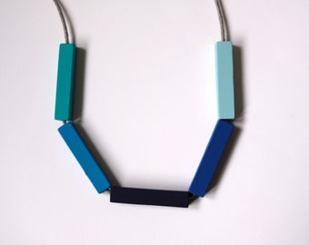 Handmade BLUES Multicoloured Wood/Wooden Bead/Beaded Bar Tube Necklace - Minimalist/Contrast/Statement