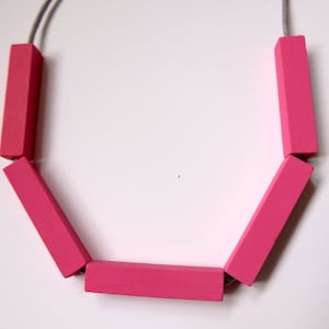 Handmade Bright Pink Wood/Wooden Bead/Beaded Bar Tube Necklace - Minimalist/Contrast/Metallic/Statement *4 Designs*