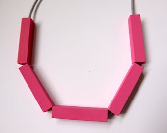 Handmade Bright Pink Wood/Wooden Bead/Beaded Bar Tube Necklace - Minimalist/Contrast/Metallic/Statement *4 Designs*