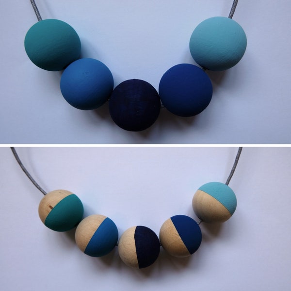 Handmade BLUES Multicoloured Wood/Wooden Bead/Beaded Necklace - Minimalist/Chunky/Statement *2 Designs*