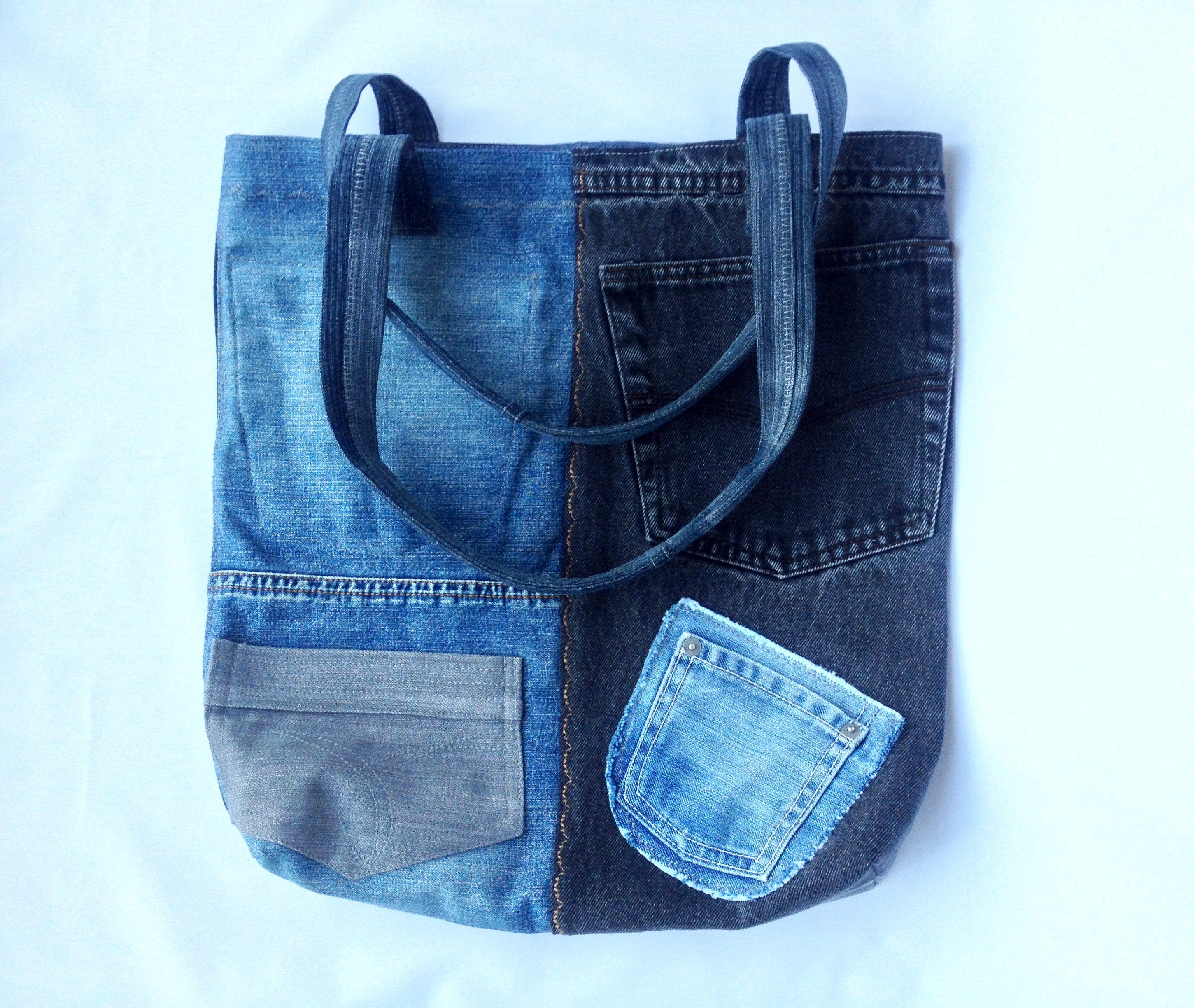 Multiple Pockets Patchwork Denim Tote One of a Kind Shopping - Etsy